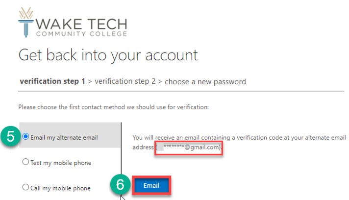 Request email code to reset Wake Tech password