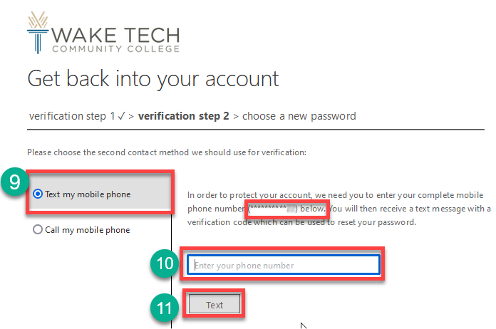 Request text code to reset Wake Tech password