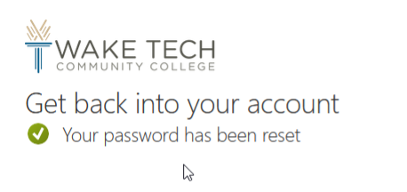 Confirmation screen for a successful Wake Tech password reset