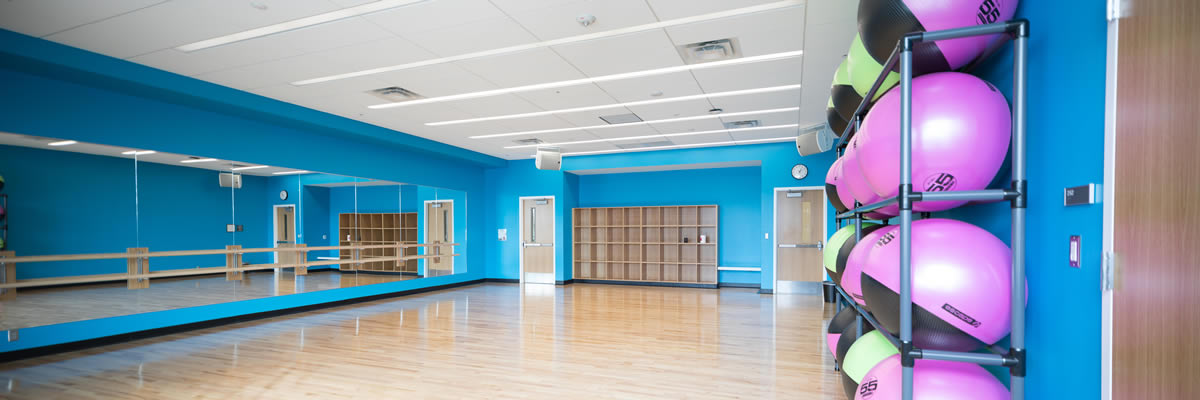 The group exercise studio is utilized for classes such as Aerobics, Yoga, Dance, and Fitness and Wellness.