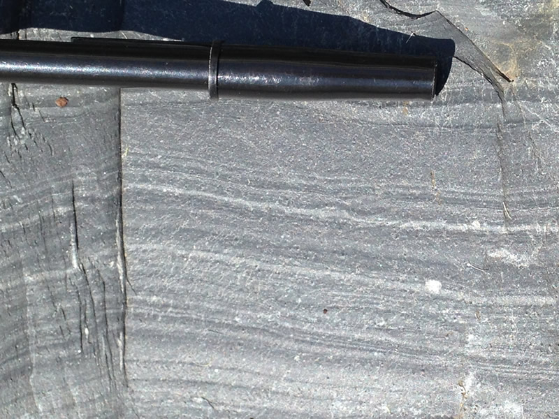 Figure 6: Another image showing the bedding planes; black ballpoint pen for scale. The straight lines and thinness of these layers suggest calm, quiet waters where sediment could slowly accumulate.