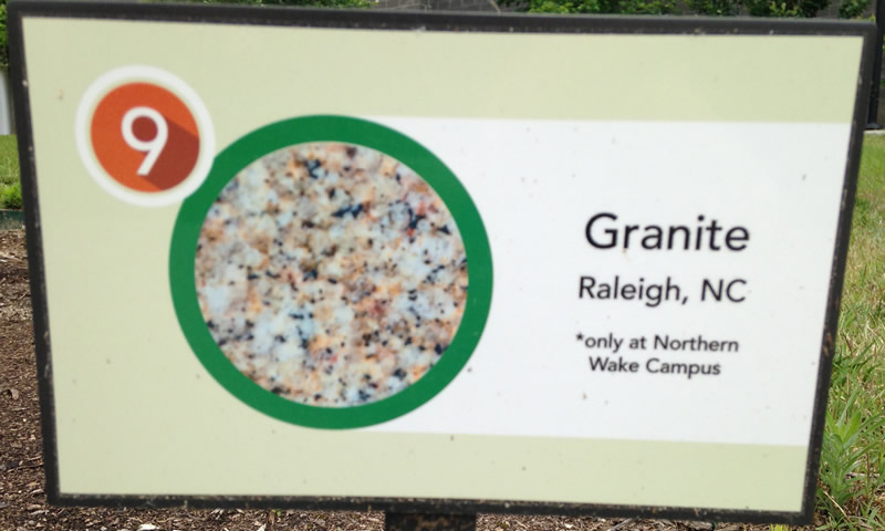Granite from Raleigh sign, noting it was found at Scott Northern Wake Campus