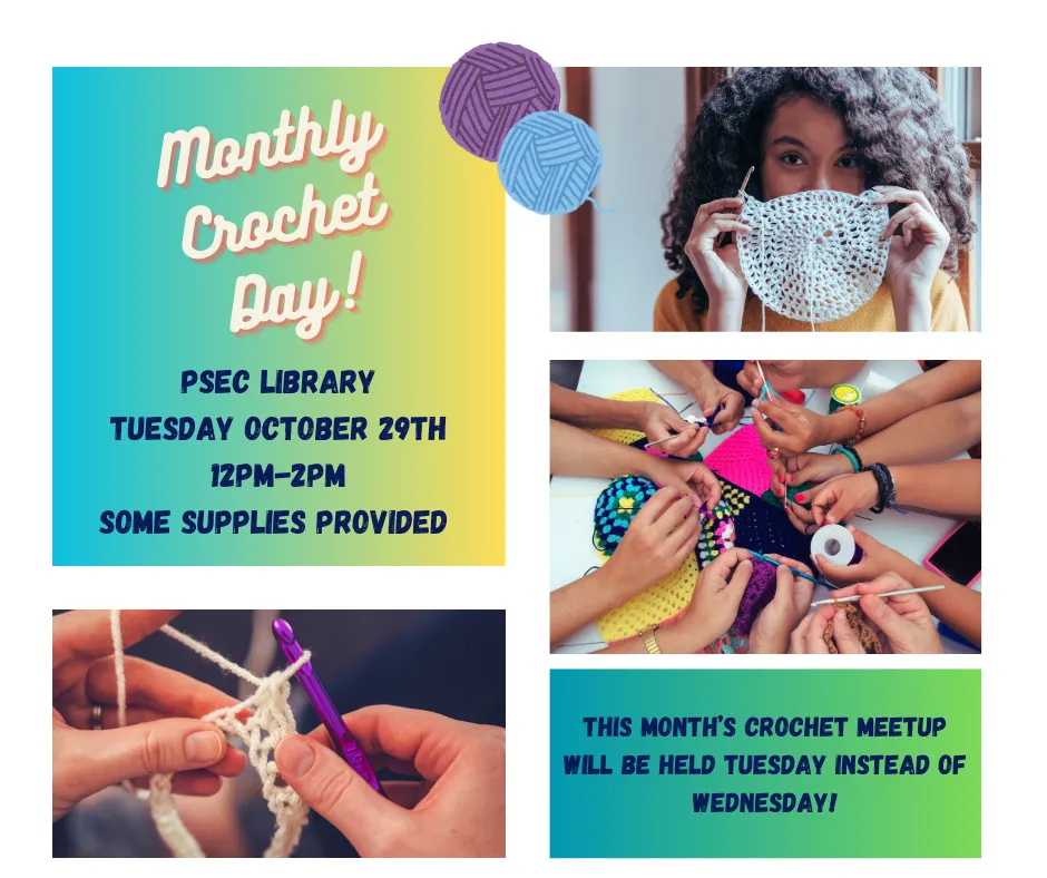 Image for Monthly Crochet Day PSEC Library, 12 to 2 pm October 29