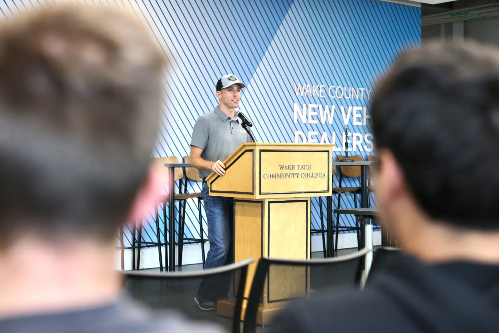 Ross Chastain, NASCAR Cup Series driver, discusses driving safety at Wake Tech.