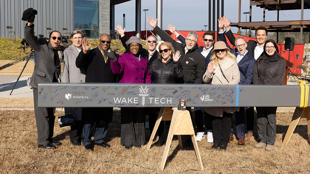 A toppingout ceremony marked the construction progress on the Advanced Technology Center at Wake Tech East.