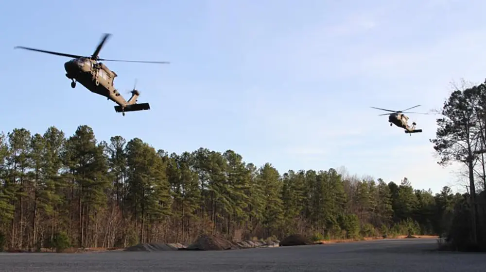 Image of helicopter with ROTC students during training