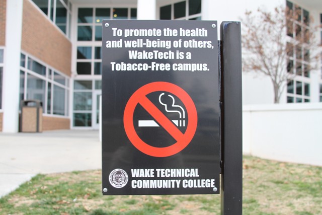 Signs inform people on Wake Tech's campuses that the college is tobacco-free.