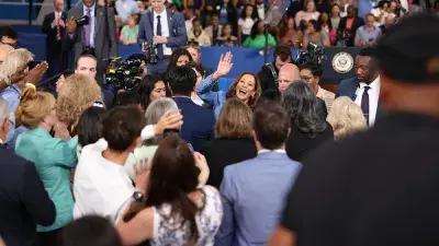 Vice President Kamala Harris meets with supporters during a campaign stop at Wake Tech.