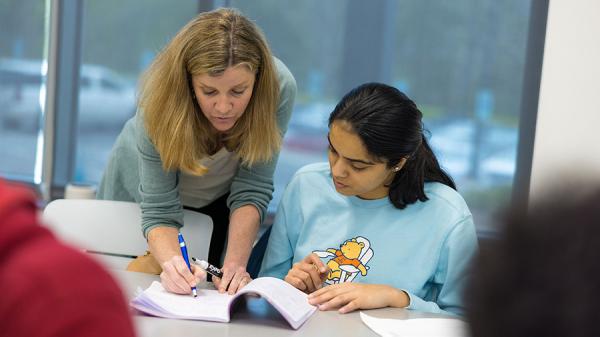 Kelly Markson works with a student in an economics class.